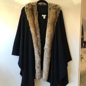 Long Black Sweater Wrap with Faux Fur Collar Nordstrom Collection ONE SIZE